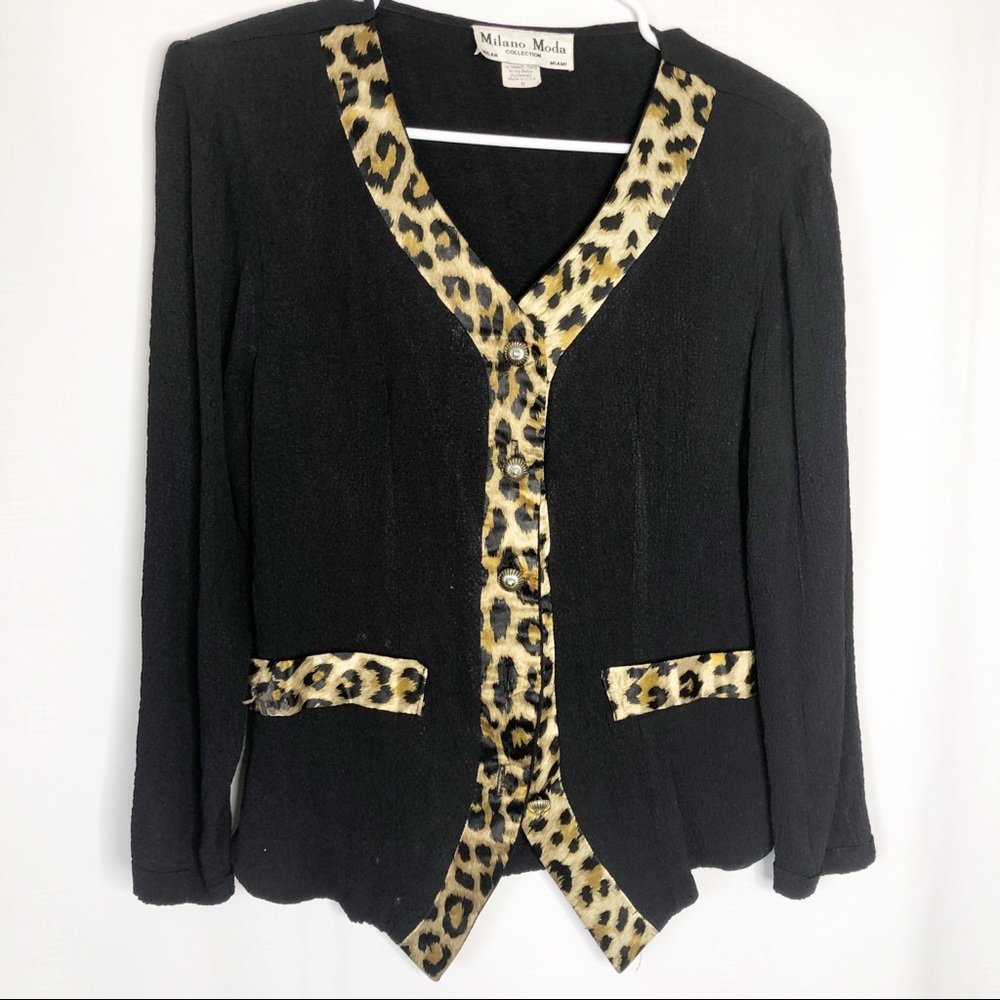 Vintage Milano Moda Blouse Black Leopard Trim
